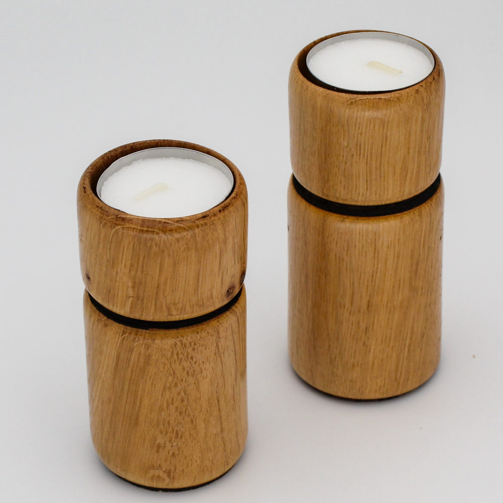 duo de bougeoirs en bois de chêne avec bougies chauffe-plat